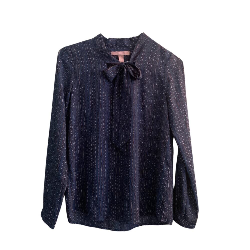 2/$30 Tie Neck Long Sleeve Teal Blue Polka Dot Print Blouse Top Twee Feminine